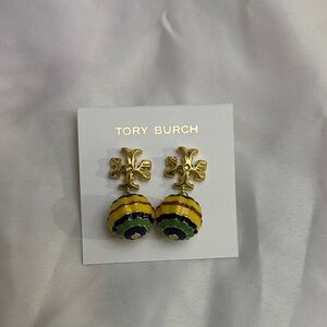 Tory Burch Gold-Trim Yellow, Green & Navy Beaded Drop Earrings